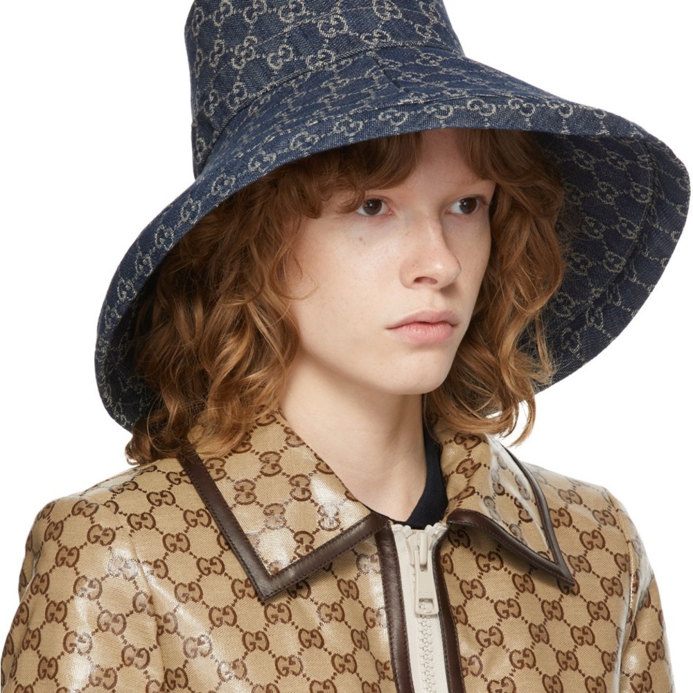 Denim Monogram Bucket Hat Wide Large Brim Jacquard Navy Blue Sun Beach - Picture 9 of 15